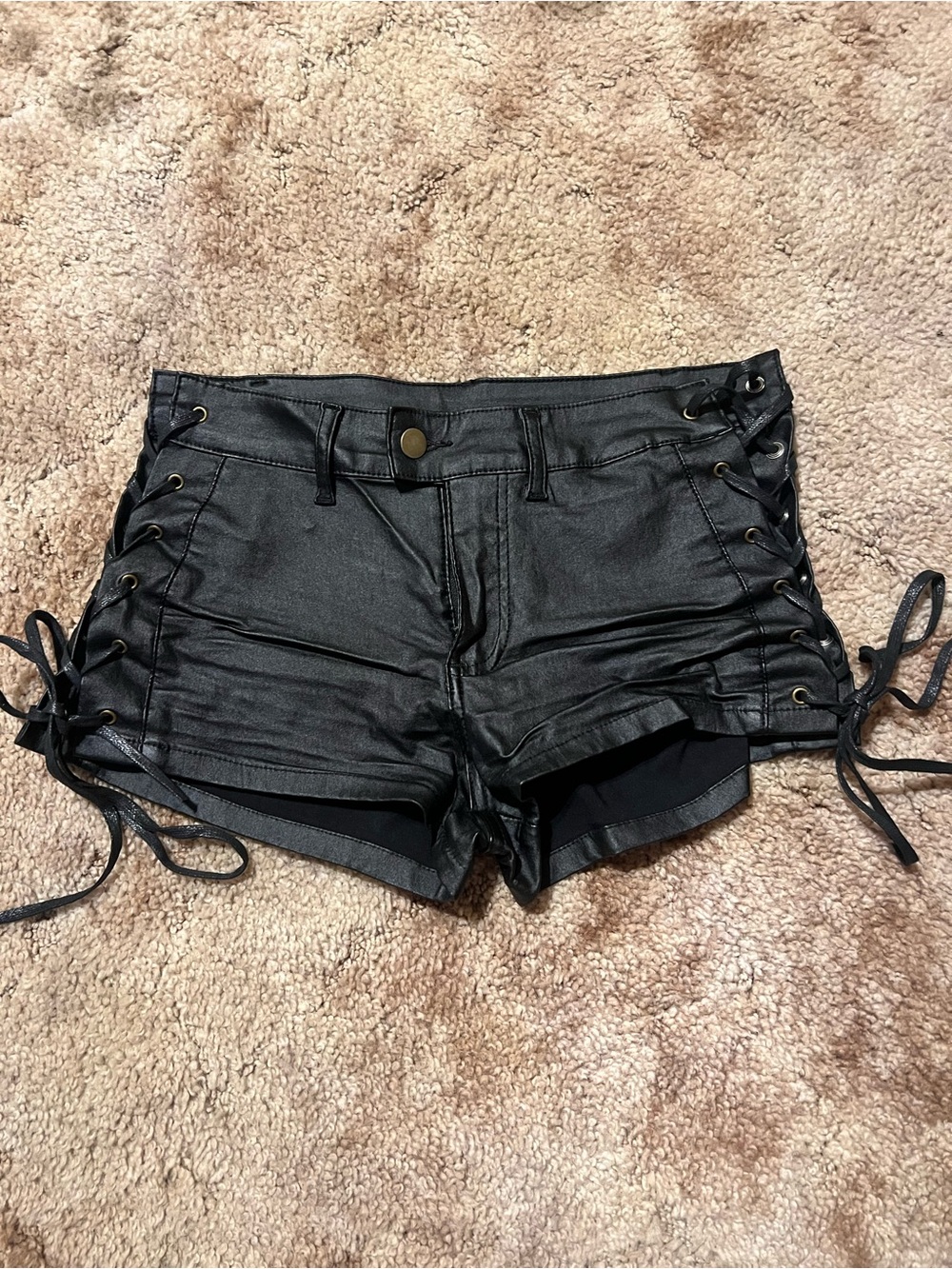 SHEIN Black Low-Waist Lace-Up Faux Leather Shorts